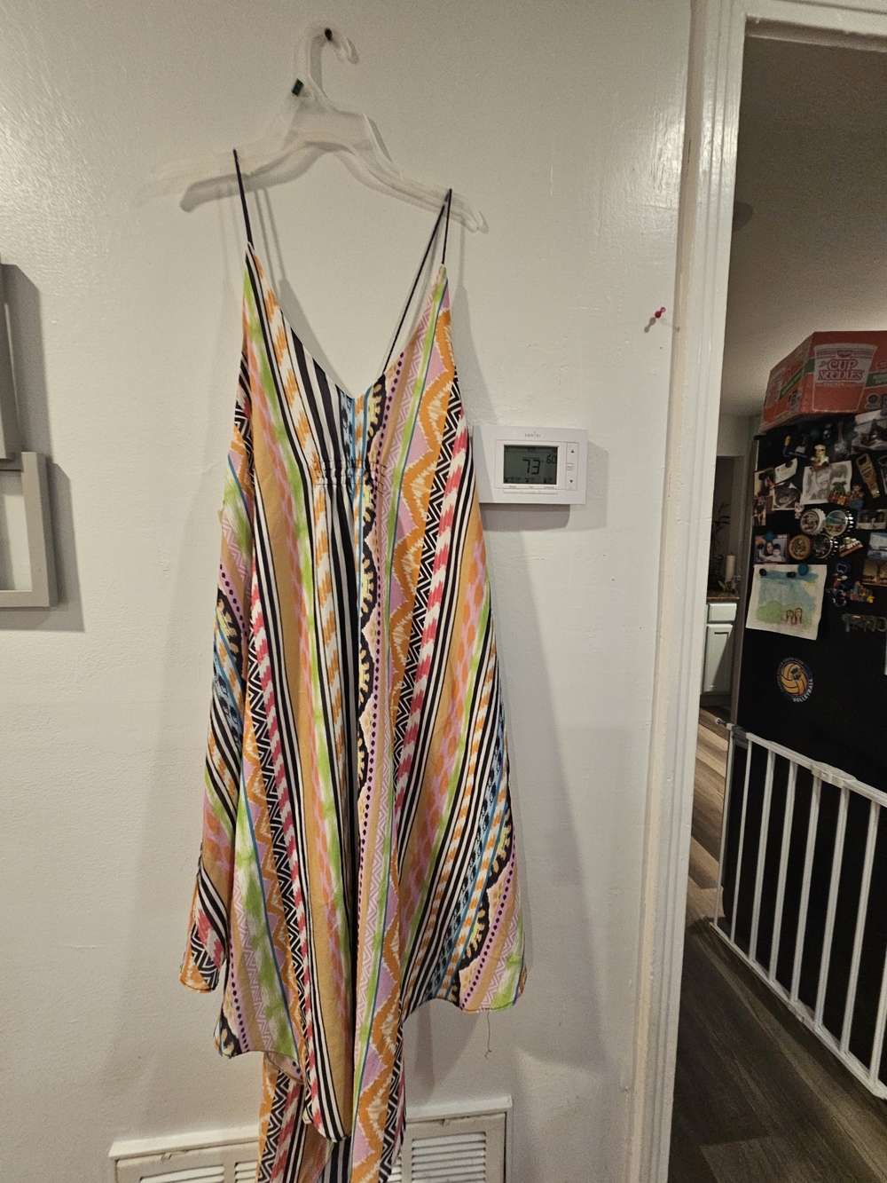 DO+BE Multicolor Asymmetrical Slip Dress with Geometric Stripes